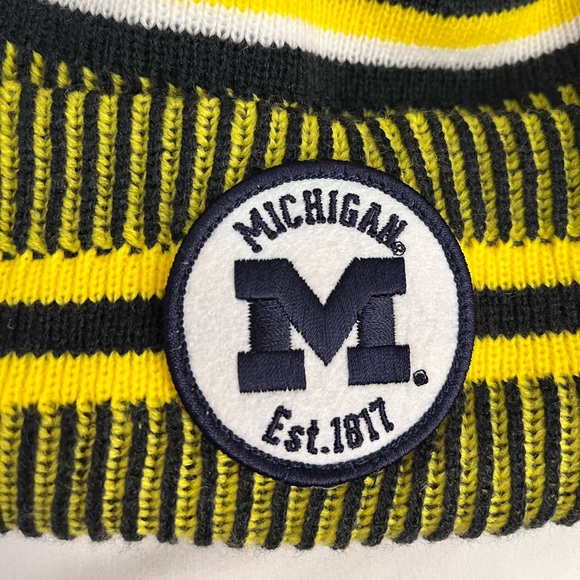 Knit and fleece blue, yellow, and white striped University of Michigan beanie - Picture 3 of 5